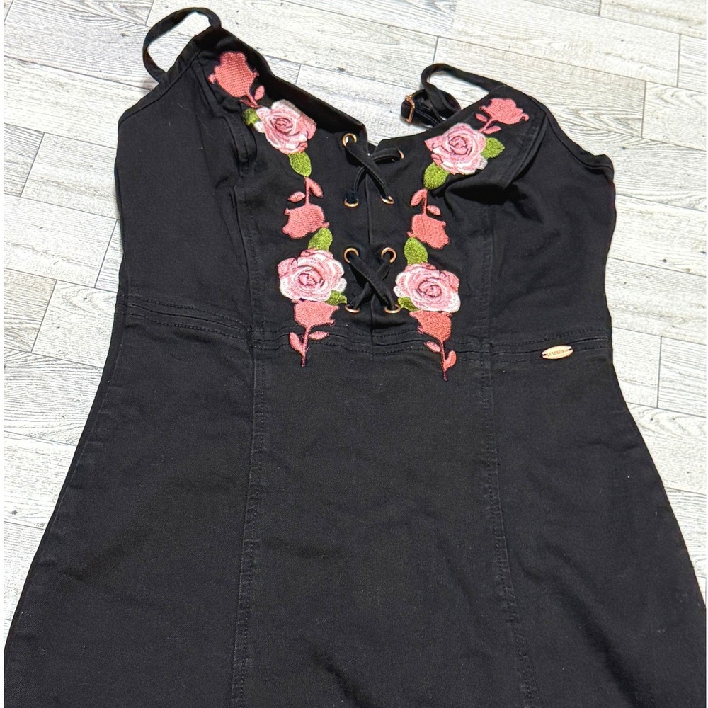 Guess Los Angeles Vintage Denim Mini Dress Black Floral Rose Lace Up XS